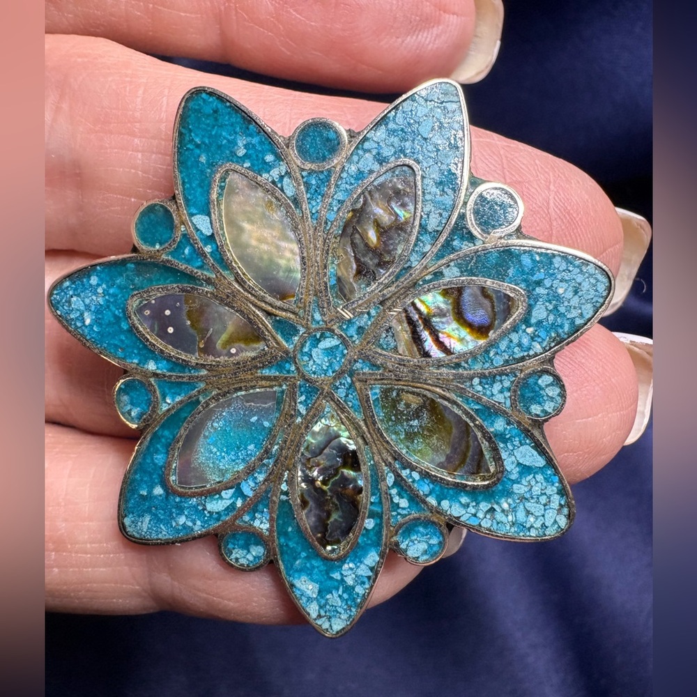 Pendant Brooch 925 Solid Sterling Silver Turquoise Inlay Abalone Floral - Picture 3 of 5